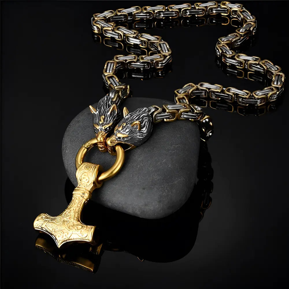 Goldene Wikinger Kette mit Fenrir Symbol