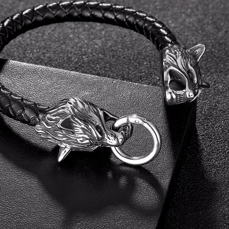 Wikinger Armband mit Doppelter Wolfskopf (Leder)