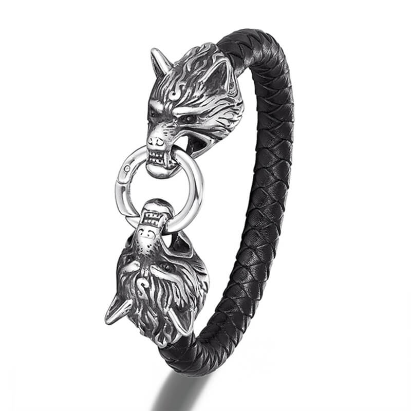 Wikinger Armreif mit Doppelter Wolfskopf (Leder)