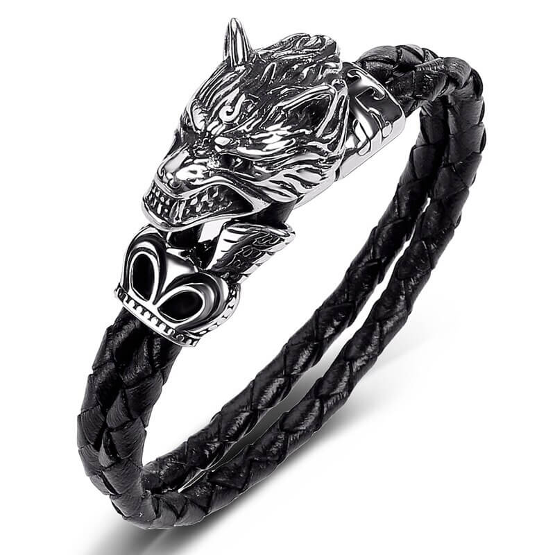 Wikinger Armreif mit Riesiger Wolf (Leder)