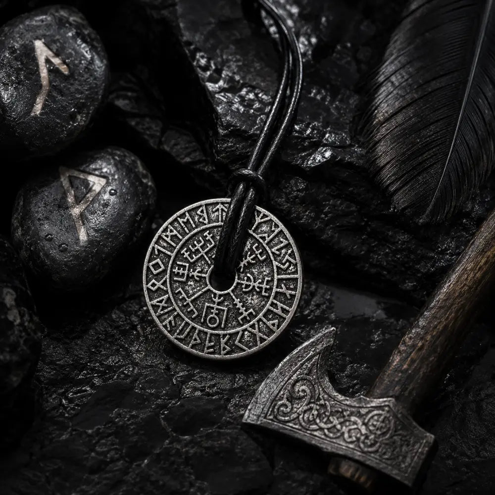 wikinger halskette vegvisir flatlay obsidian runensteine deko