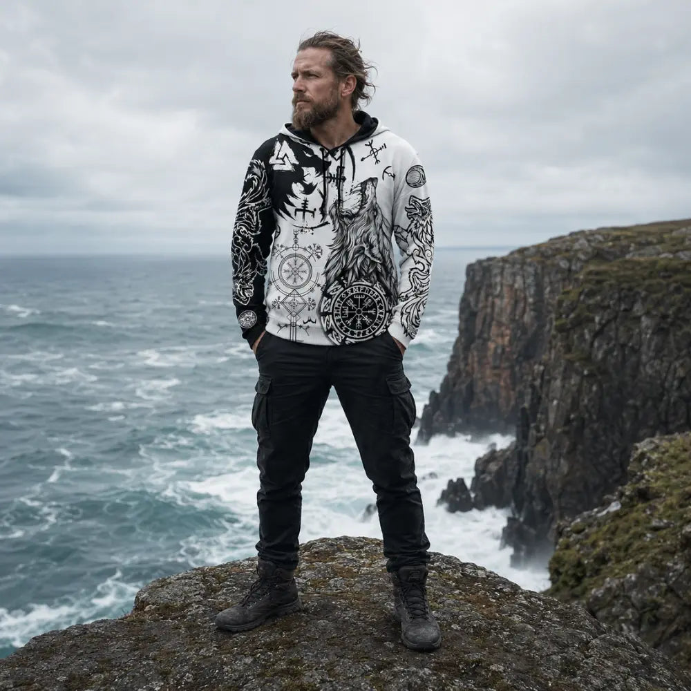 wikinger hoodie mann getragen klippe nordisches kuestenmeer