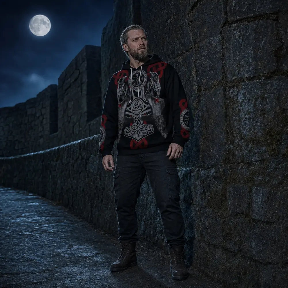 wikinger kapuzenpullover steinmauer vollmond nachtszene nordisch
