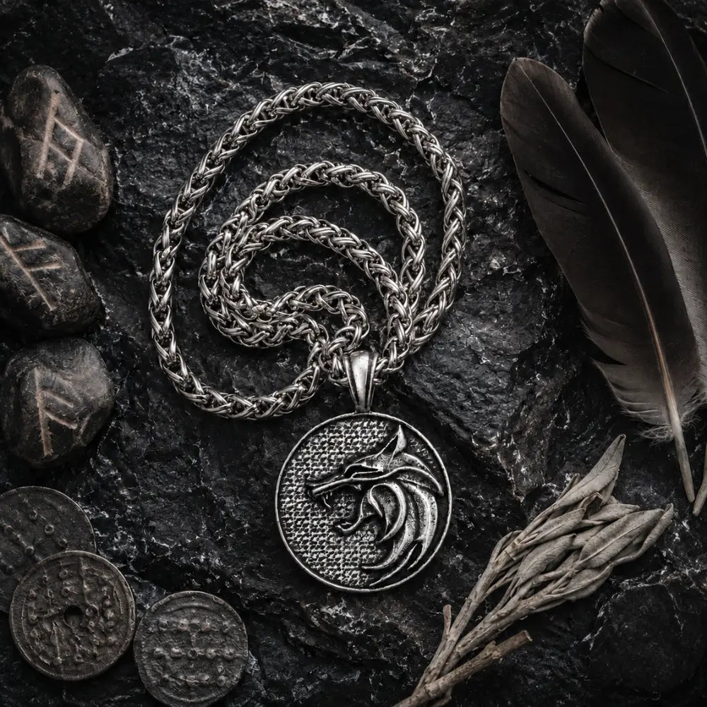 wikinger kette fenrir flatlay runen obsidian
