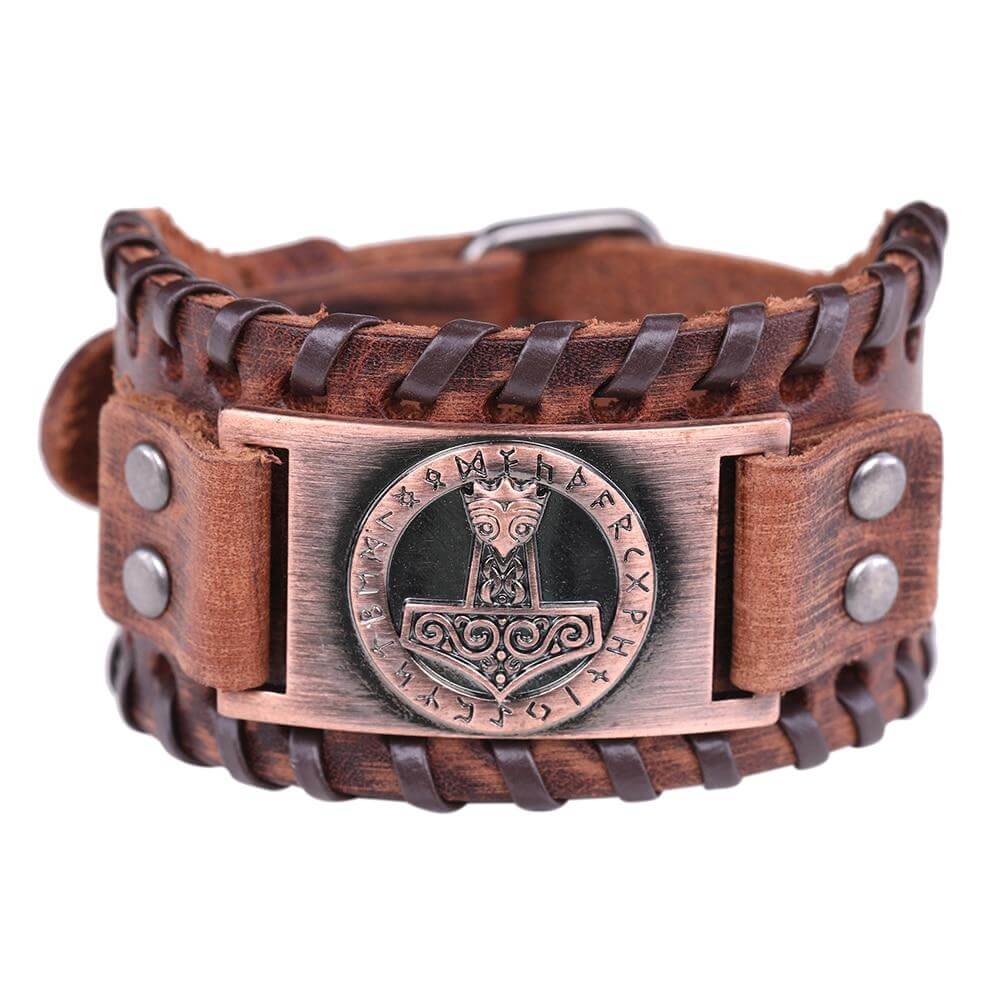Braunes Wikinger-Armband mit Mjöllnir Hammer