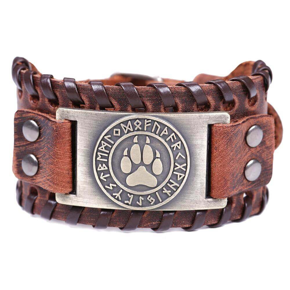Braunes Wikinger-Armband mit Wolfspfote und Runen