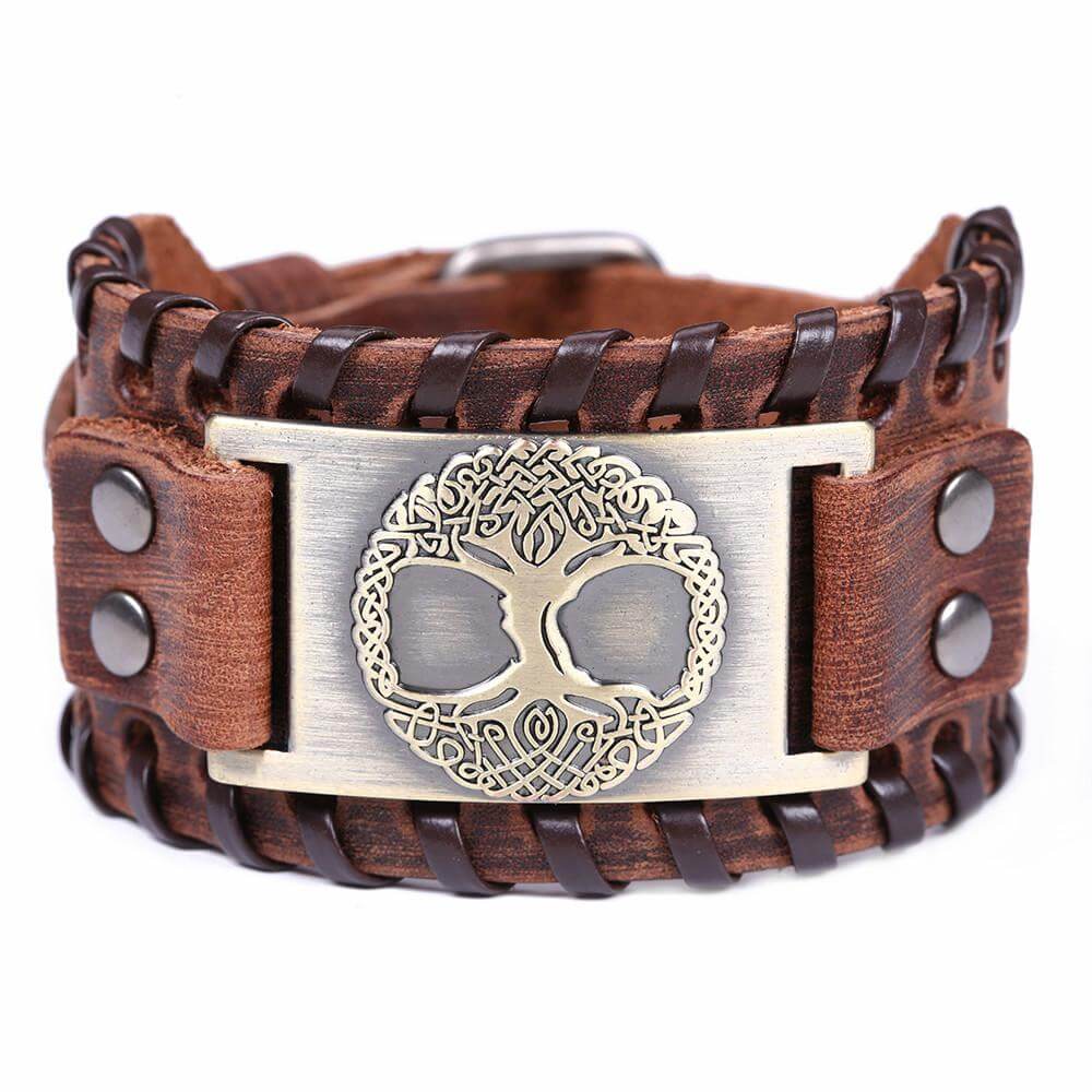 Grosses braunes Wikinger Armband mit Yggdrasile