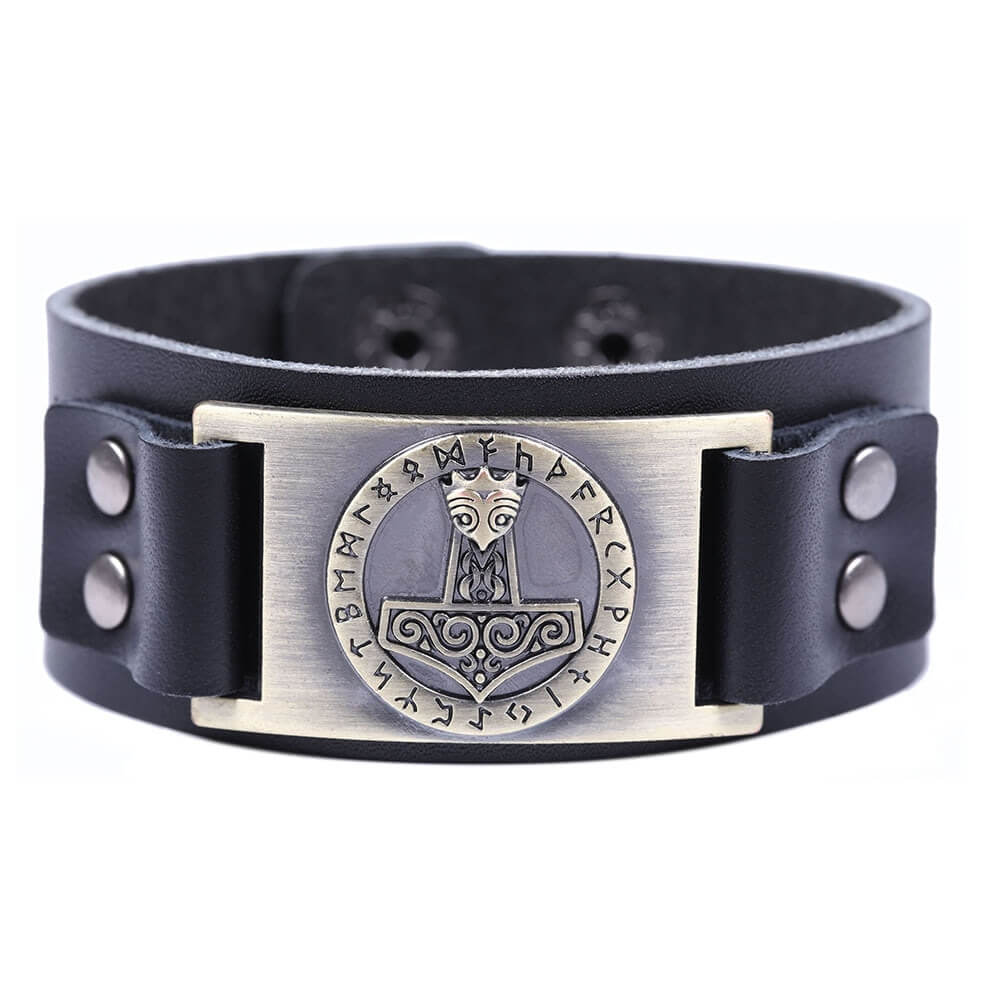 Großes schwarzes Wikinger-Armband mit Mjöllnir