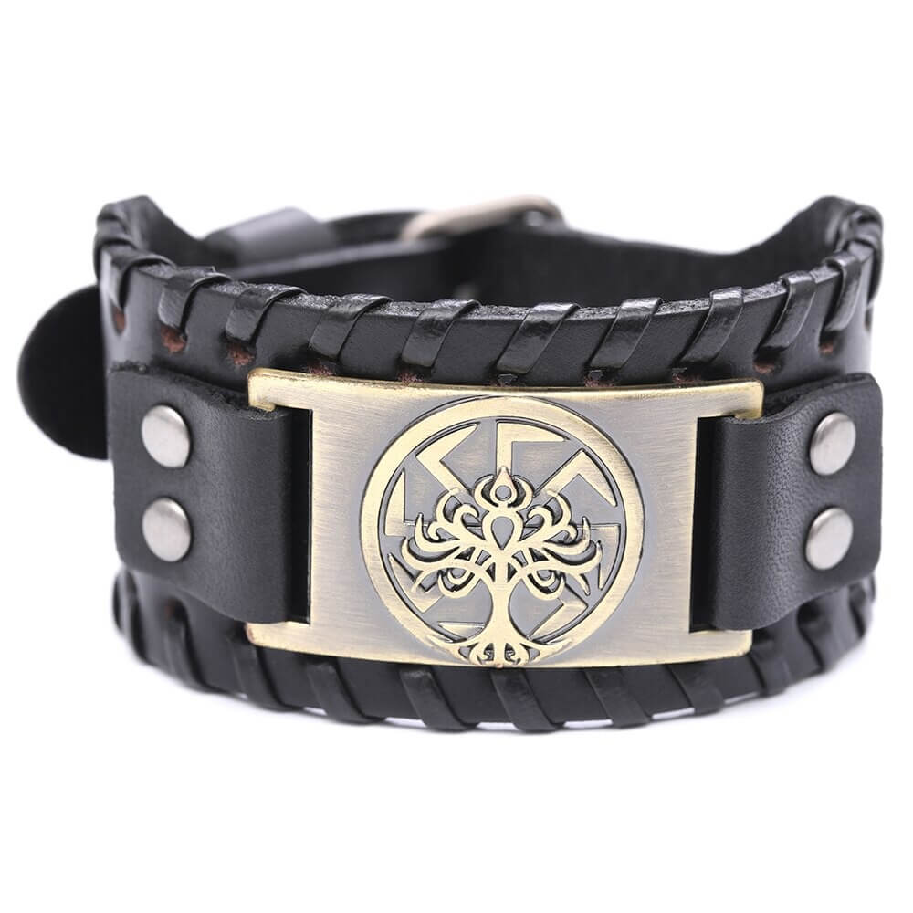 Wikinger Lederarmband mit Baum des Lebens und Sonne