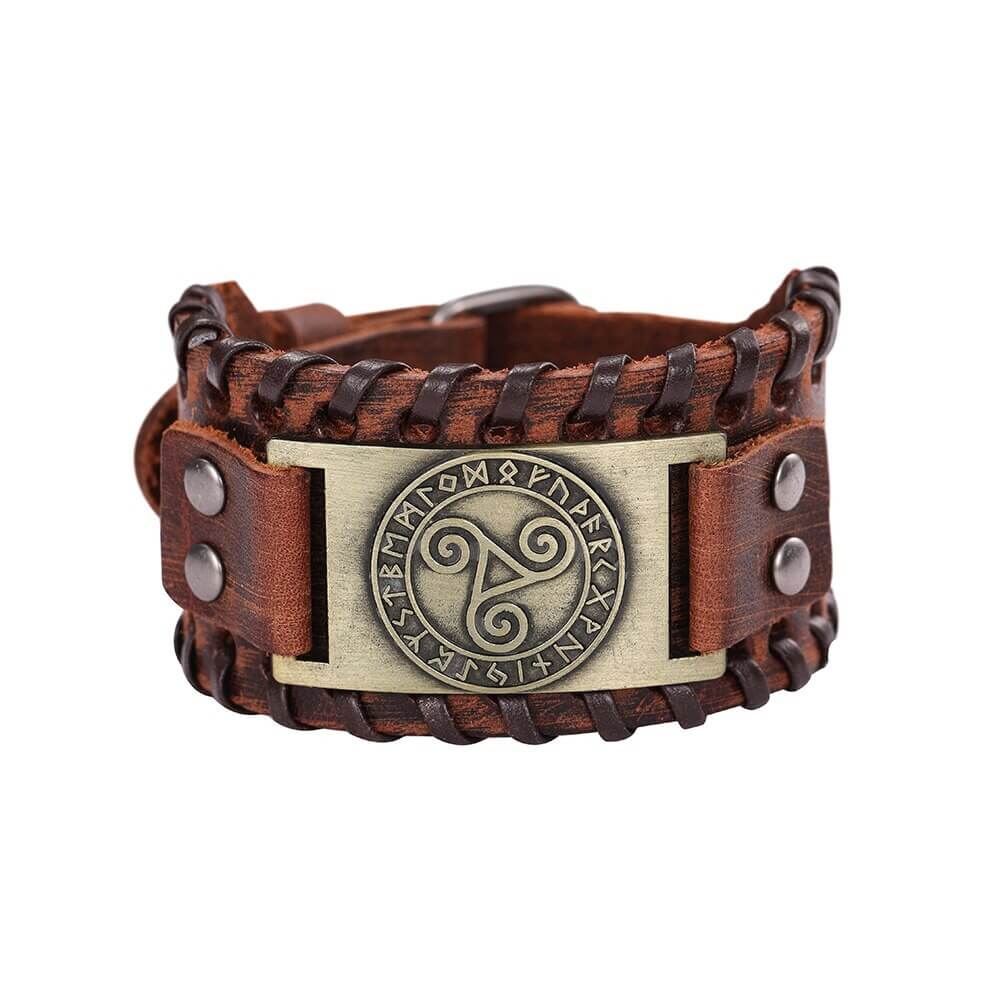 Wikinger Lederarmband mit Triskele und Runen
