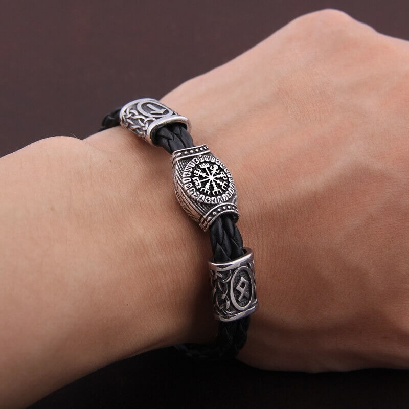 Wikinger Lederarmband mit Vegvisir Symbol