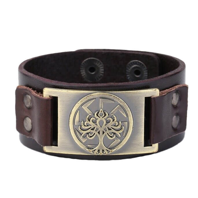 Wikinger Lederarmband mit Yggdrasil und Schwarze Sonne