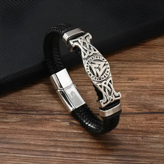 Leather Bracelet Viking Valknut Symbol