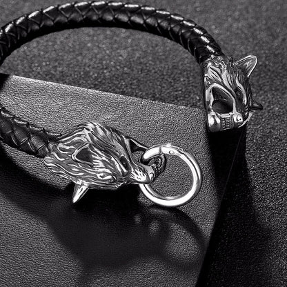 Wikinger Armband mit Doppelter Wolfskopf (Leder)