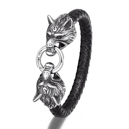 Wikinger Armreif mit Doppelter Wolfskopf (Leder)