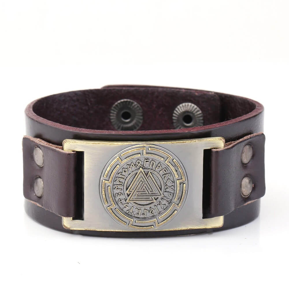 Wikinger Lederarmband mit Valknut und Runen