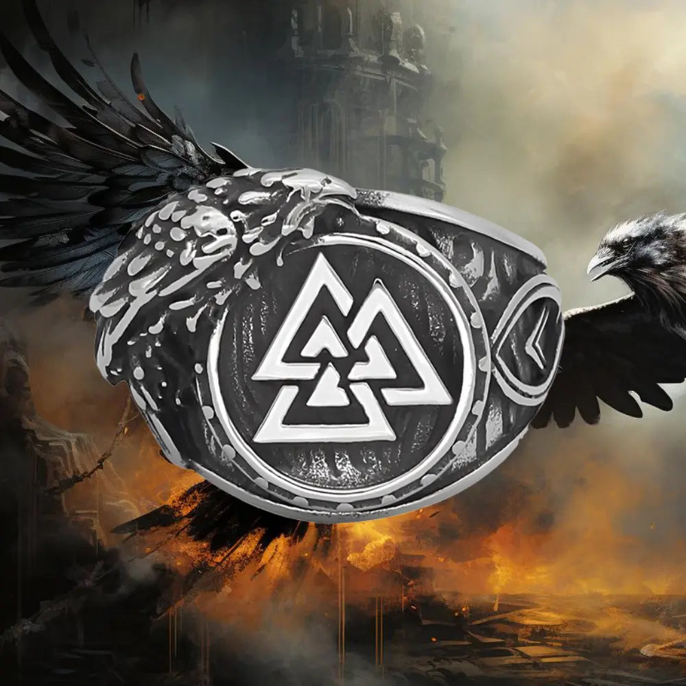 Wikinger Ring mit Valknut und Rabe