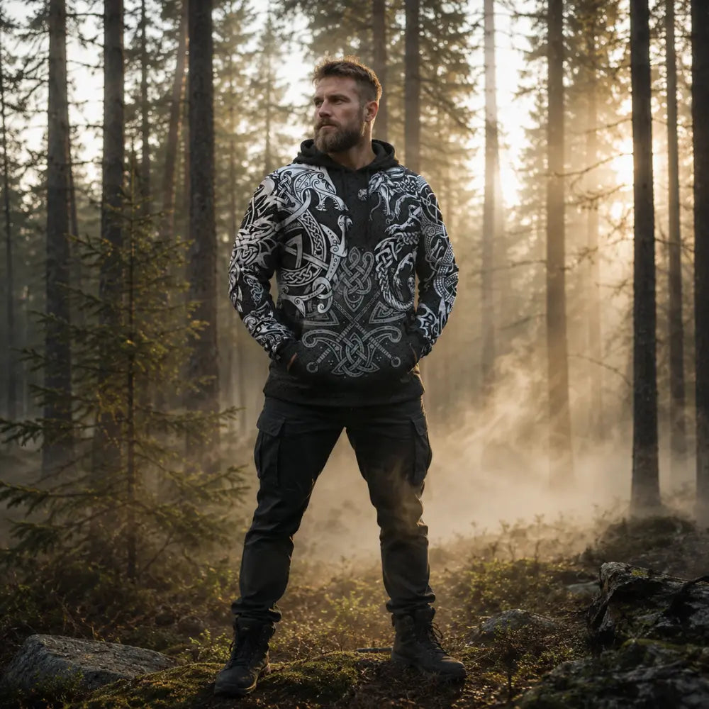 ikinger hoodie fenrir mann kiefernwald nebel morgenlicht