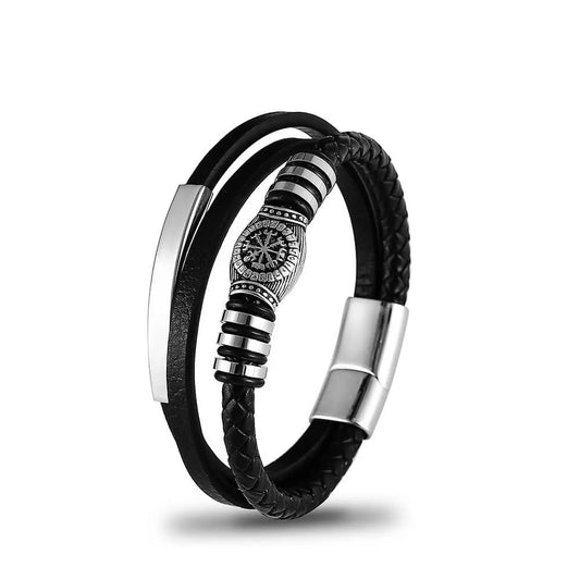 Lederarmband Herren mehrreihig mit Vegvisir und Edelstahlsteg