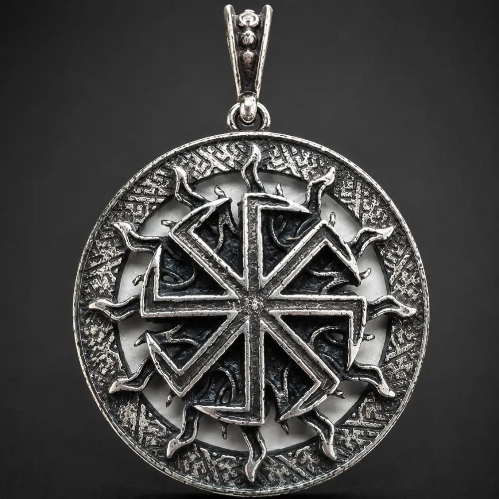 sonnenrad anhaenger makroaufnahme gravur details silber