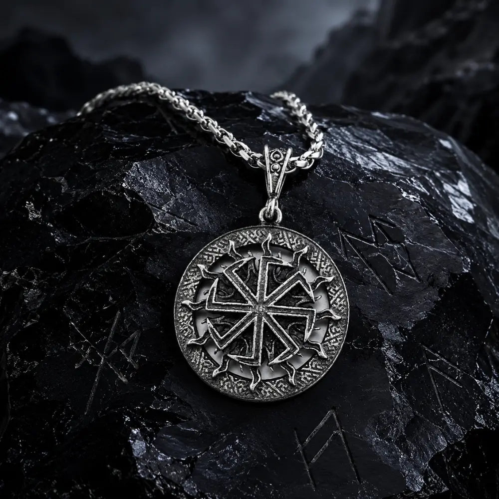 sonnenrad anhaenger runen obsidian mythologie studio hintergrund