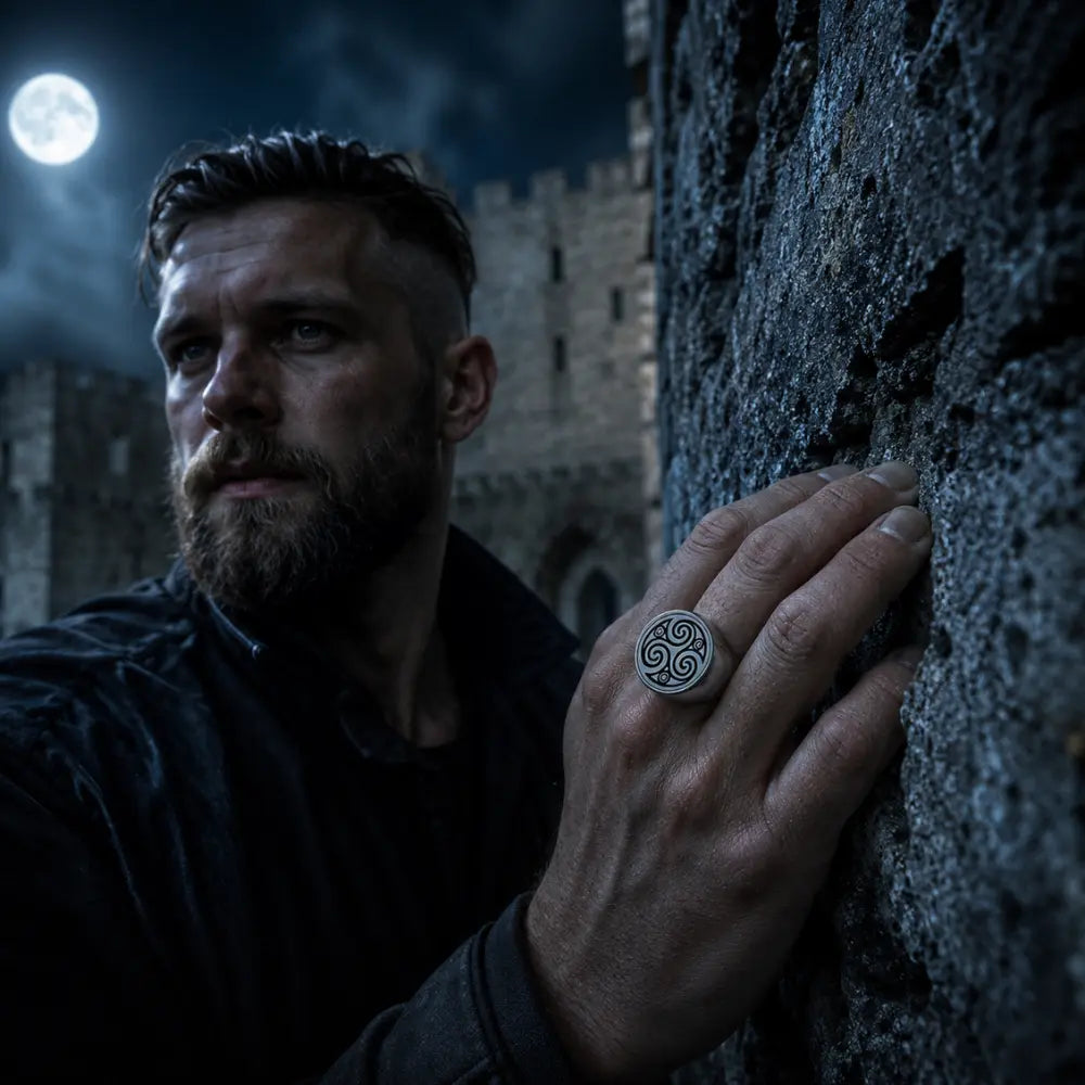 triskele ring getragen hand festungsmauer vollmond