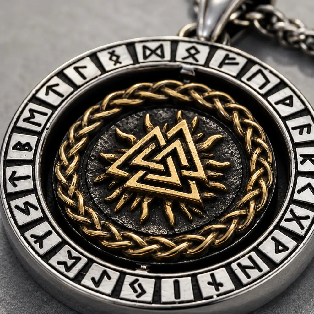 viking anhaenger valknut symbol runen makroaufnahme detail