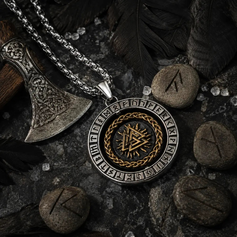 viking kette valknut flatlay runen rabenfedern obsidian stein  