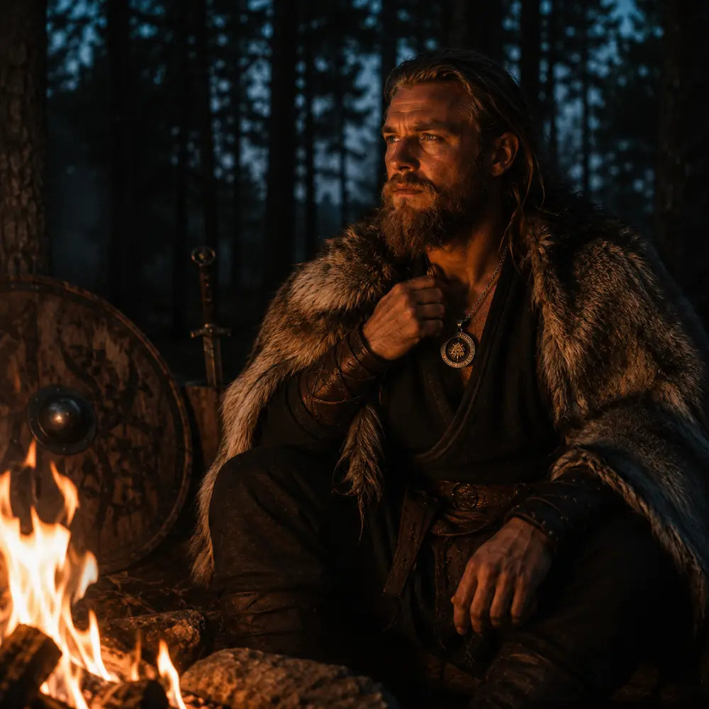 viking kette valknut getragen mann lagerfeuer nachts wald