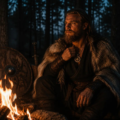 viking kette valknut getragen mann lagerfeuer nachts wald