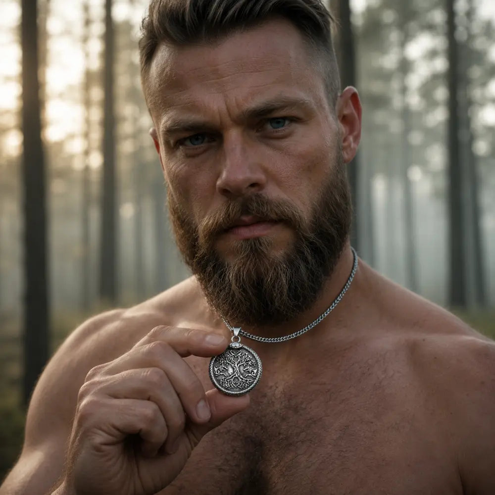 wikinger anhanger yggdrasil getragen kiefernwald mann