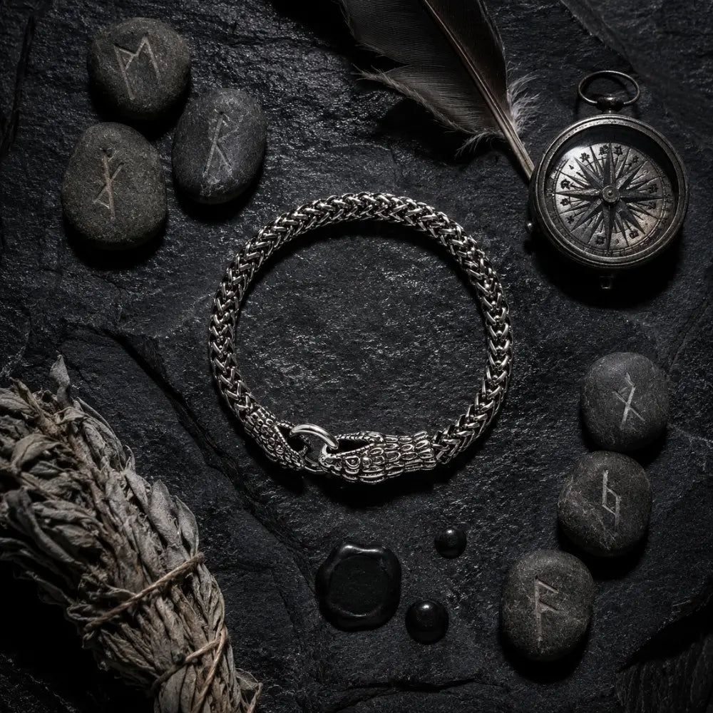 wikinger armband drachen flatlay obsidian runen