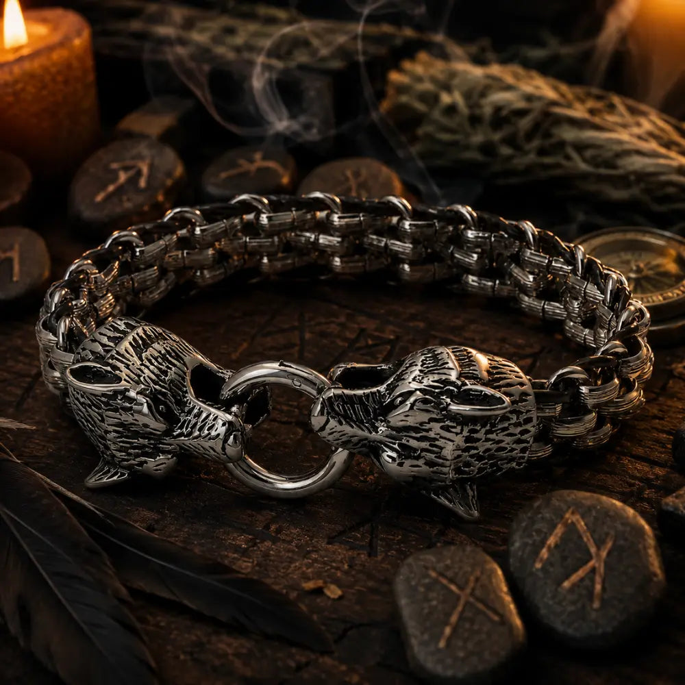 wikinger armband fenrir runen holz nordische mythologie flatlay