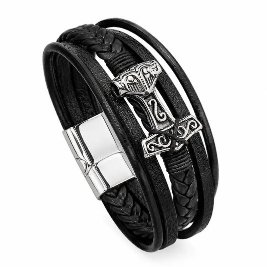 wikinger armband leder mjolnir silber weisser hintergrund