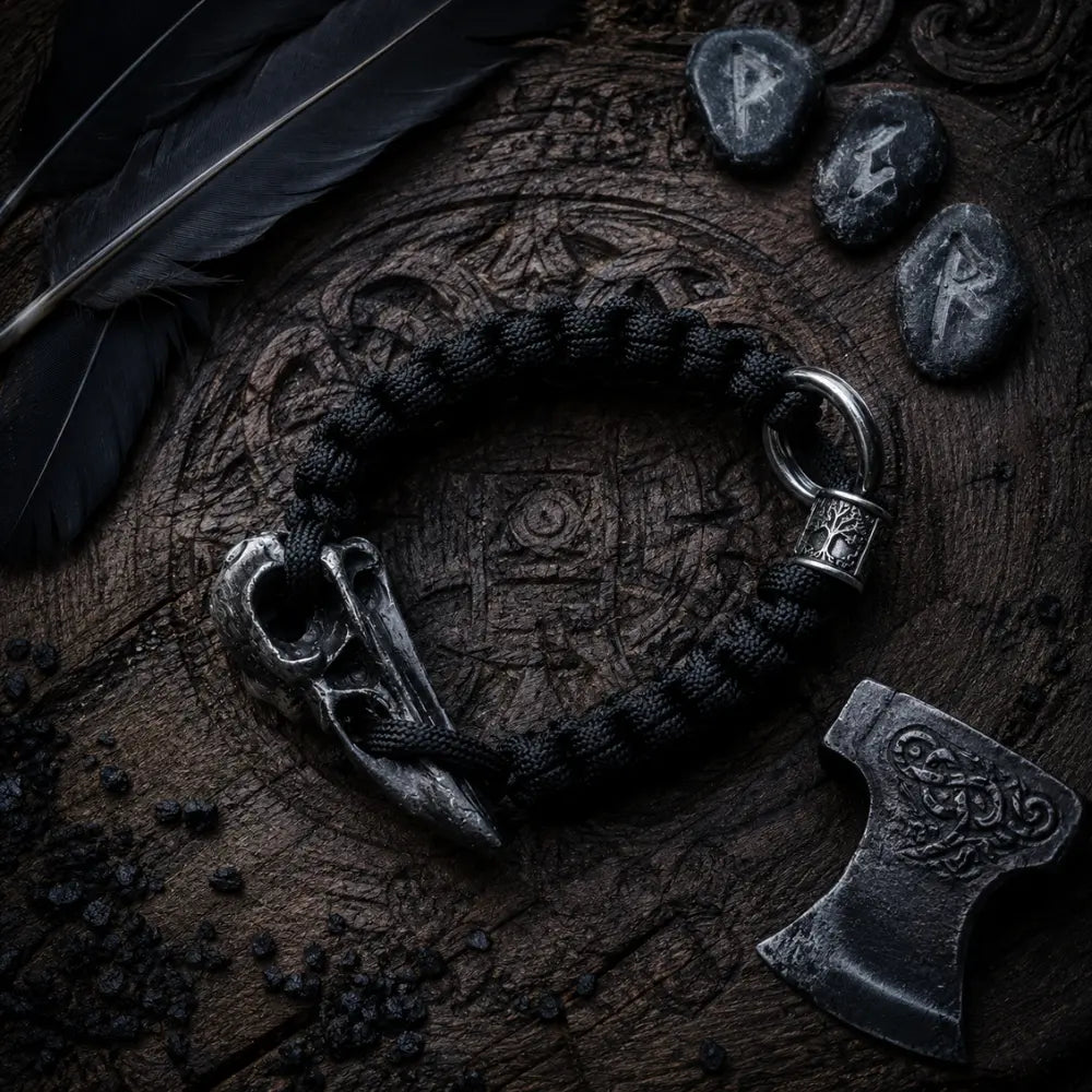 wikinger armband rabenschadel paracord flatlay runensteine