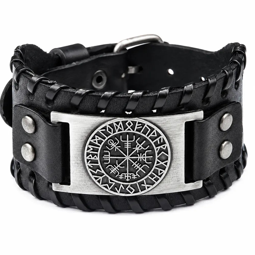 wikinger armband vegvisir kompass leder schwarz silber