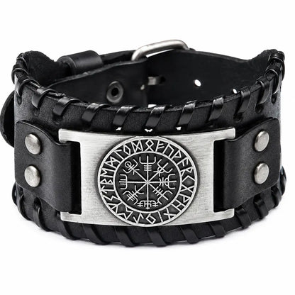 wikinger armband vegvisir kompass leder schwarz silber