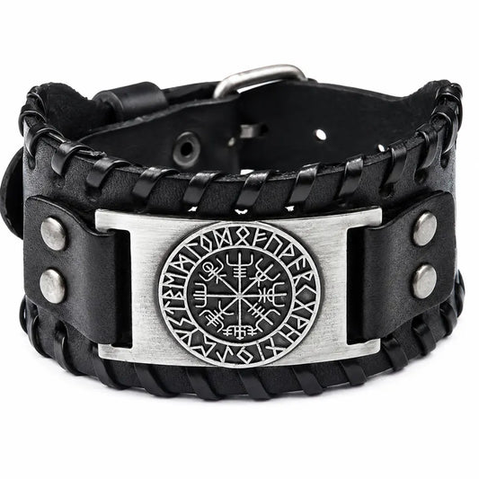 wikinger armband vegvisir kompass leder schwarz silber