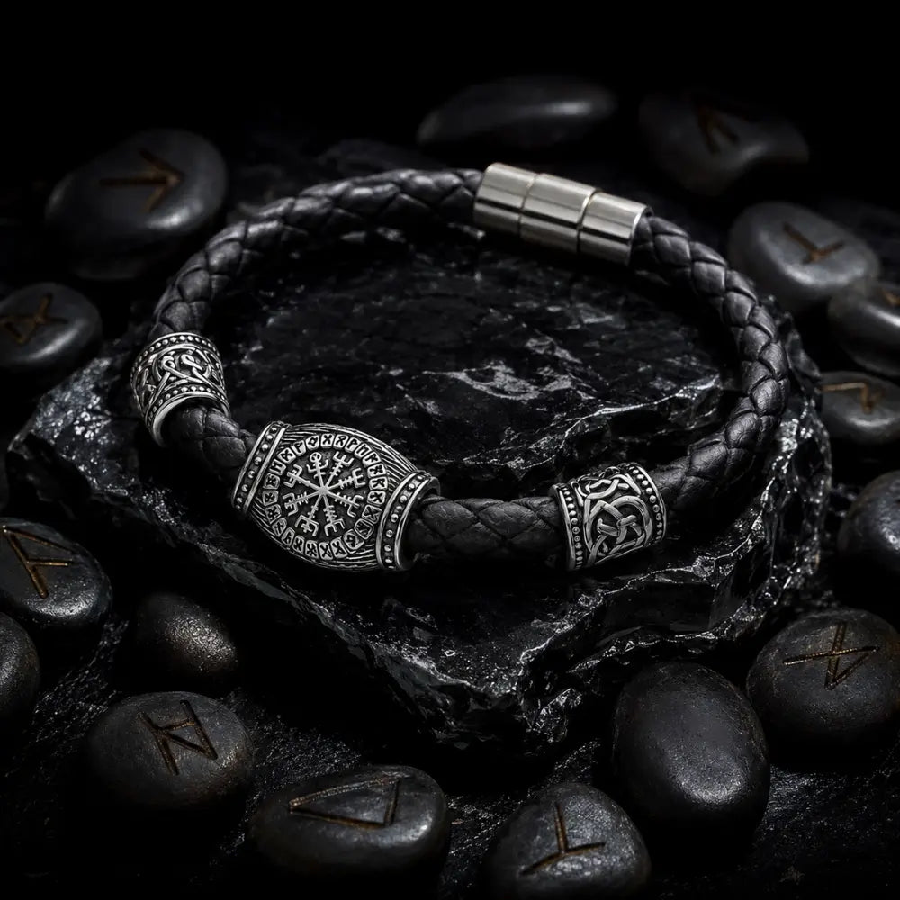 wikinger armband vegvisir schwarz runensteine studio