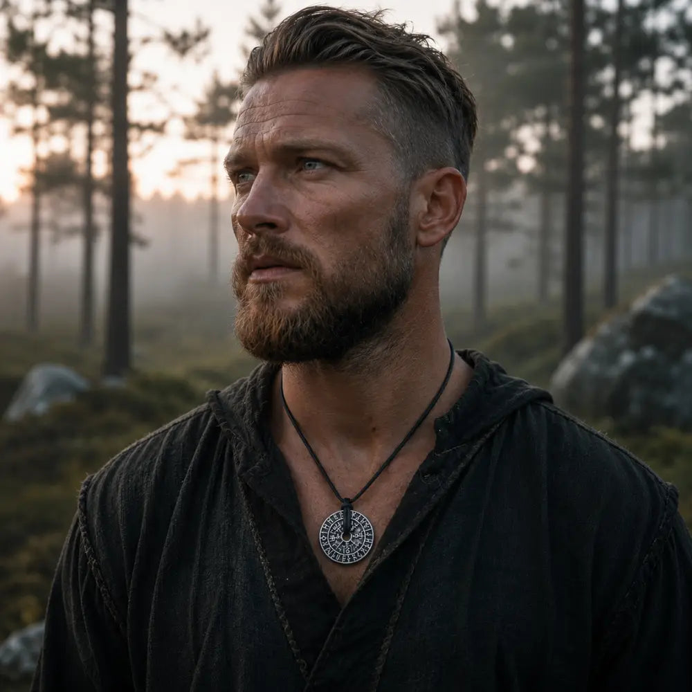 wikinger halskette vegvisir getragen mann nordischer kiefernwald