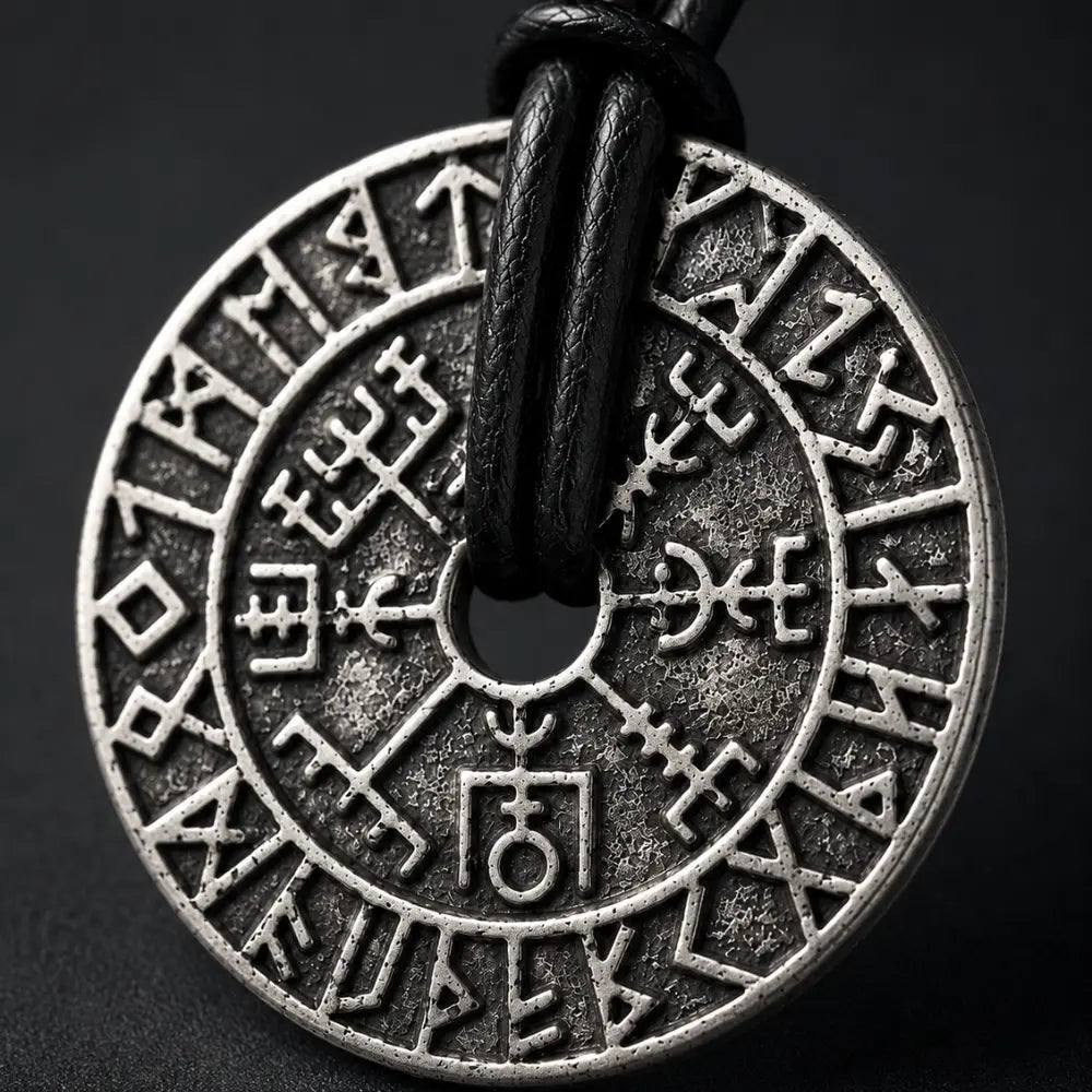wikinger halskette vegvisir runen gravur makro detailaufnahme