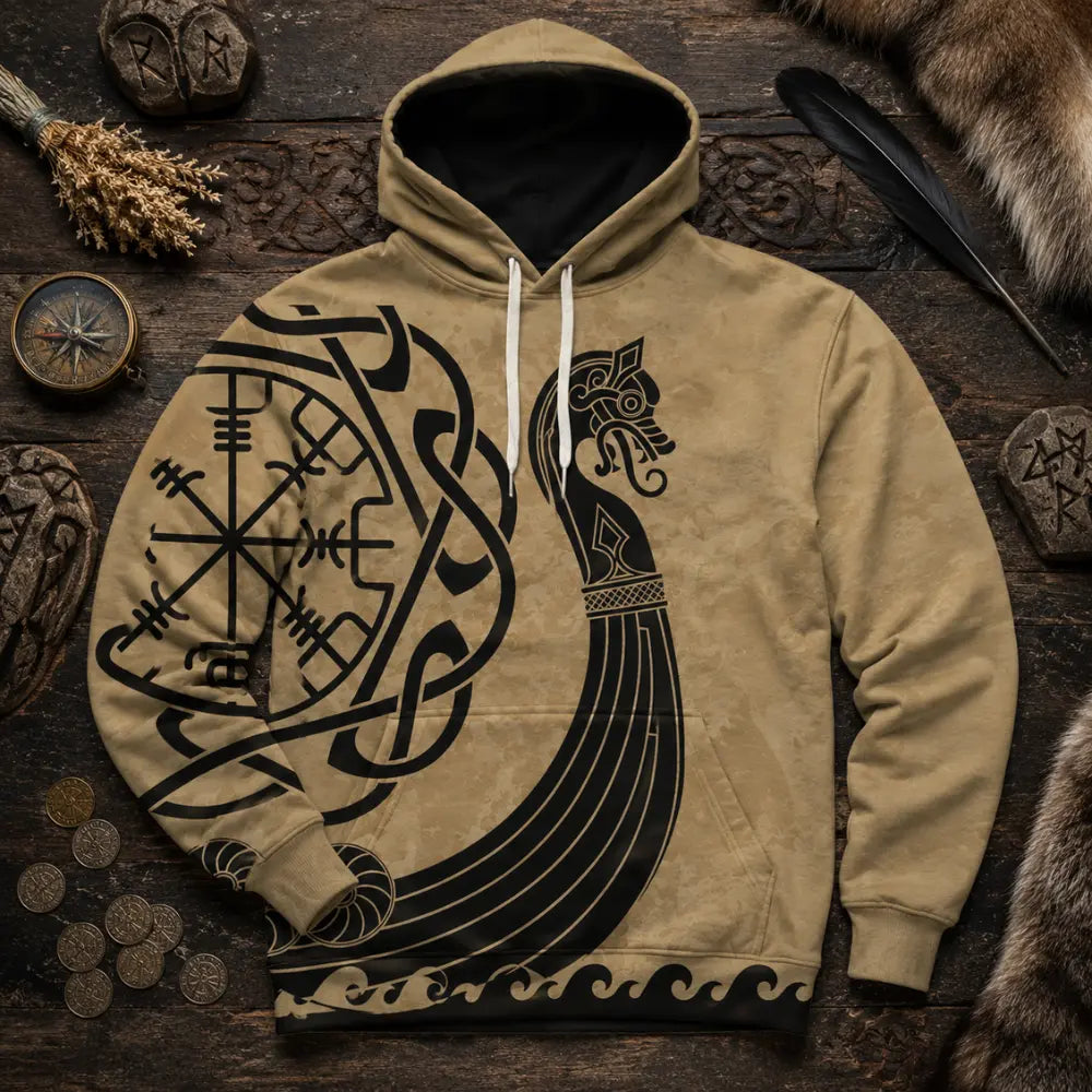 wikinger hoodie drakkar flatlay runensteine holz