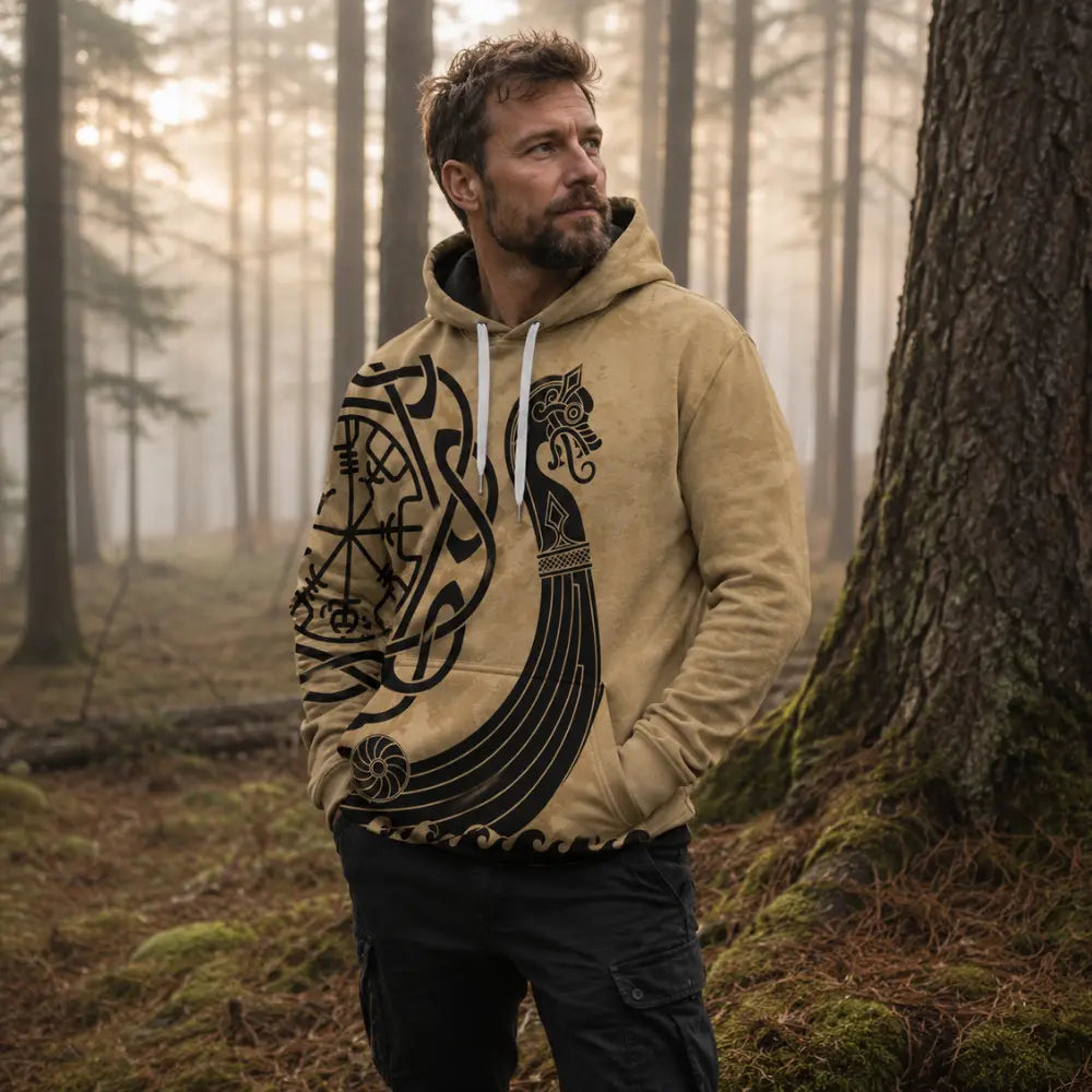 wikinger hoodie drakkar kiefernwald nebel morgenrot