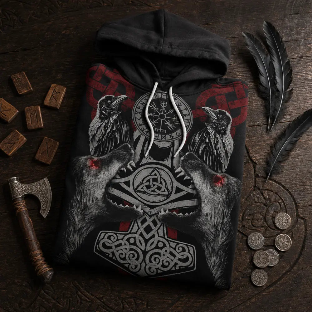 wikinger hoodie flatlay runen holz rabenfedern wikinger deko
