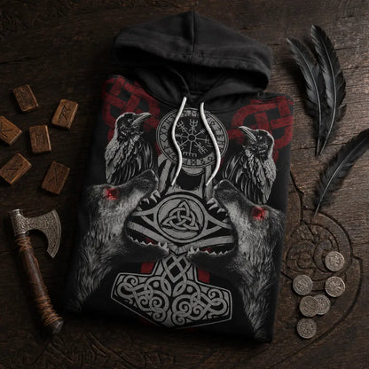 wikinger hoodie flatlay runen holz rabenfedern wikinger deko