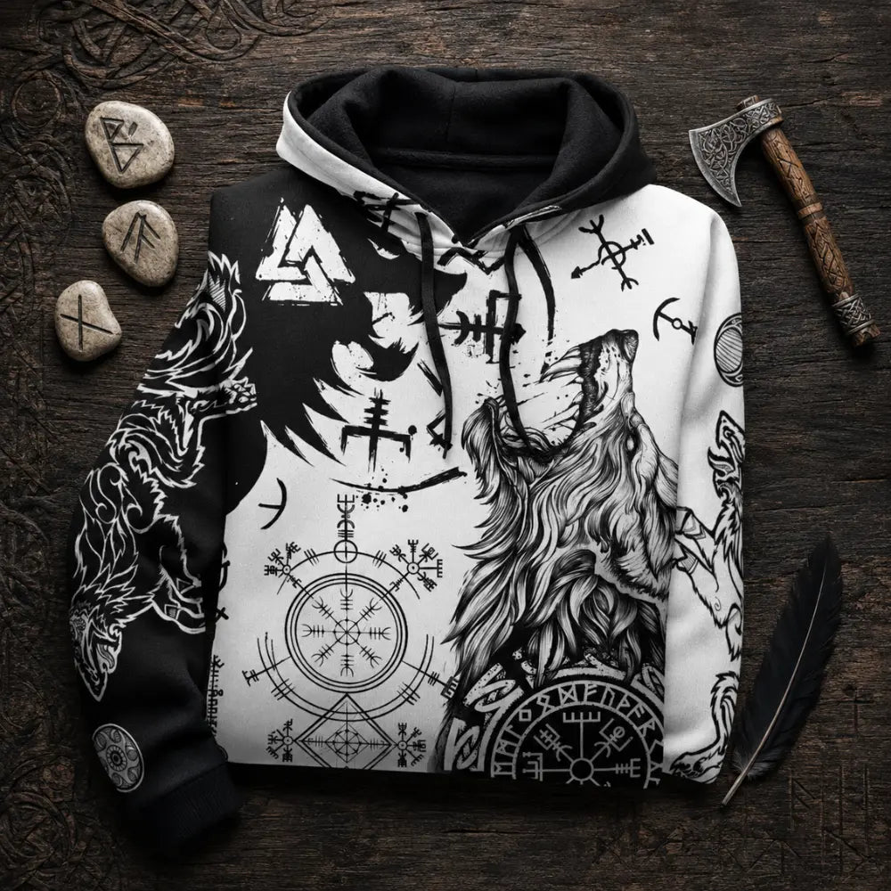 wikinger hoodie flatlay runen holz wikingerschmuck deko