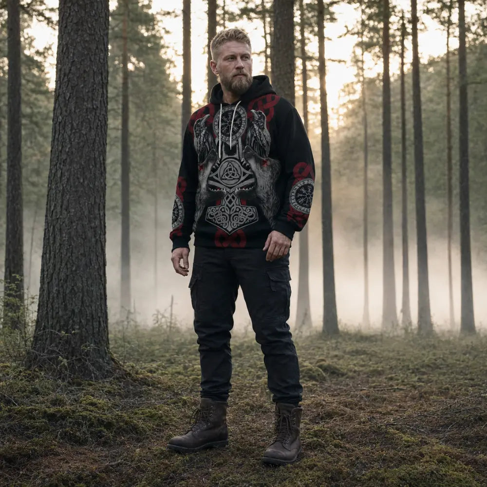 wikinger hoodie getragen nebelwald nordische outdoor kulisse