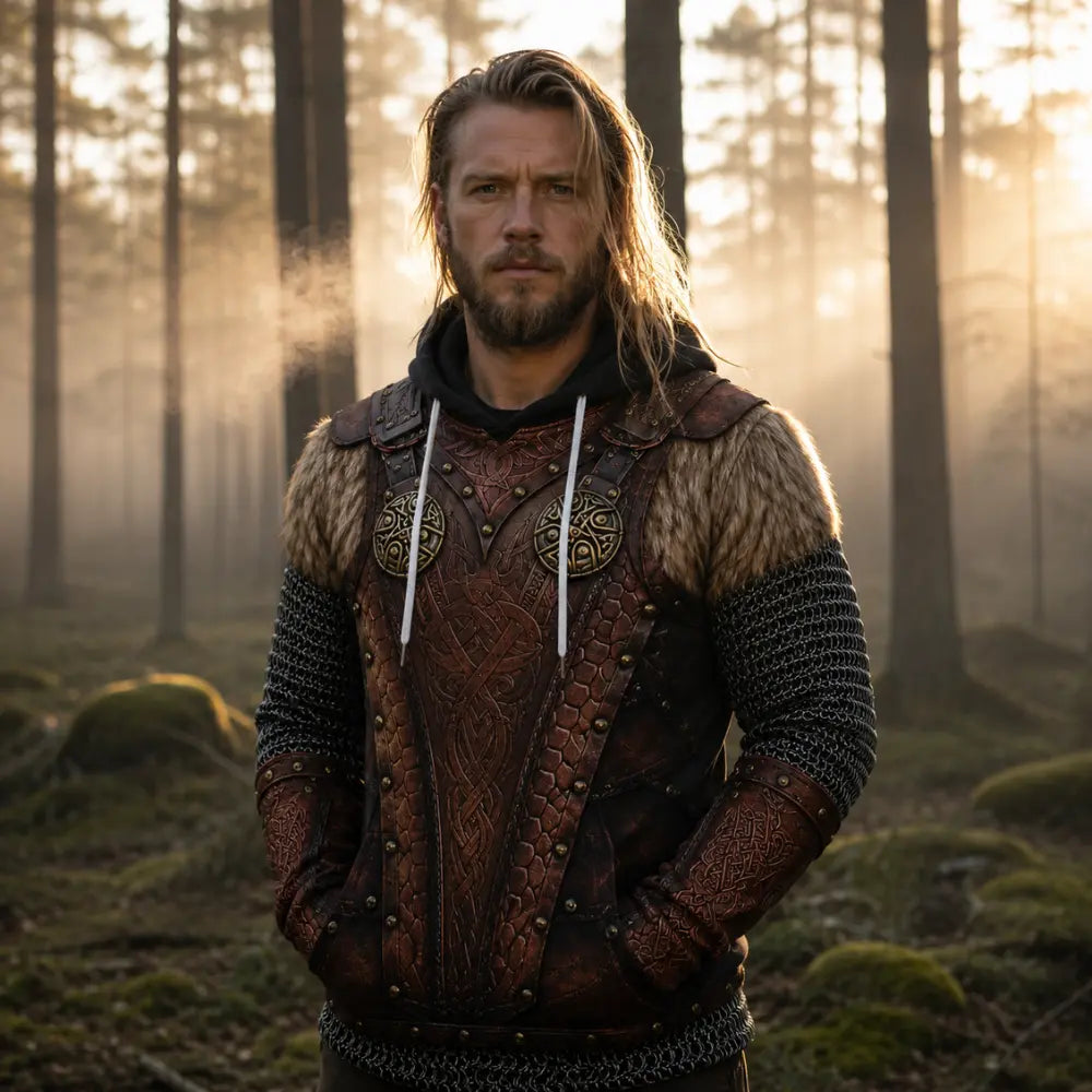 wikinger hoodie jarl maenner nebelwald lederruestung print