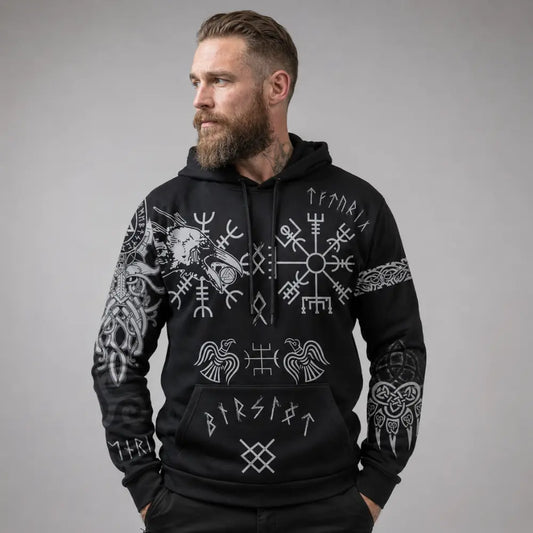 wikinger hoodie odin runen vegvisir schwarz modell
