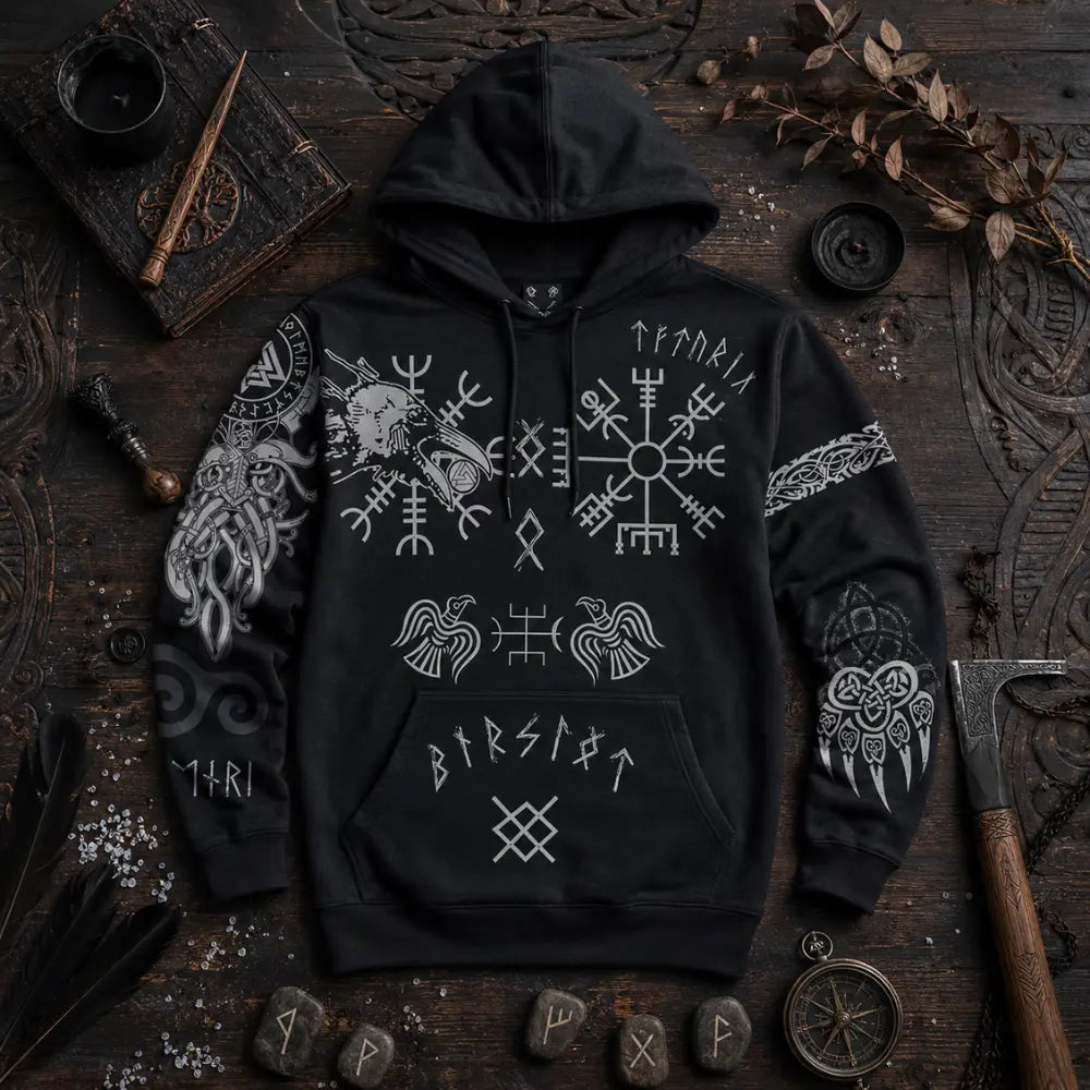 wikinger hoodie runen flatlay holz nordische props